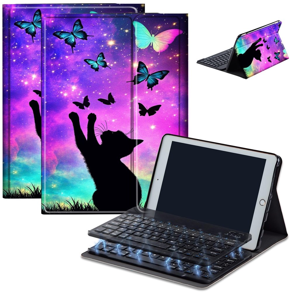 AIRWEE Keyboard Case for iPad Air 11 inch (M3/M2, 2025/2024) & for iPad Air 5th/4th Gen 10.9" with Detachable Bluetooth, Durable PU Leather MultiAngle Stand Protective Case, Cute Cat with Butterfly