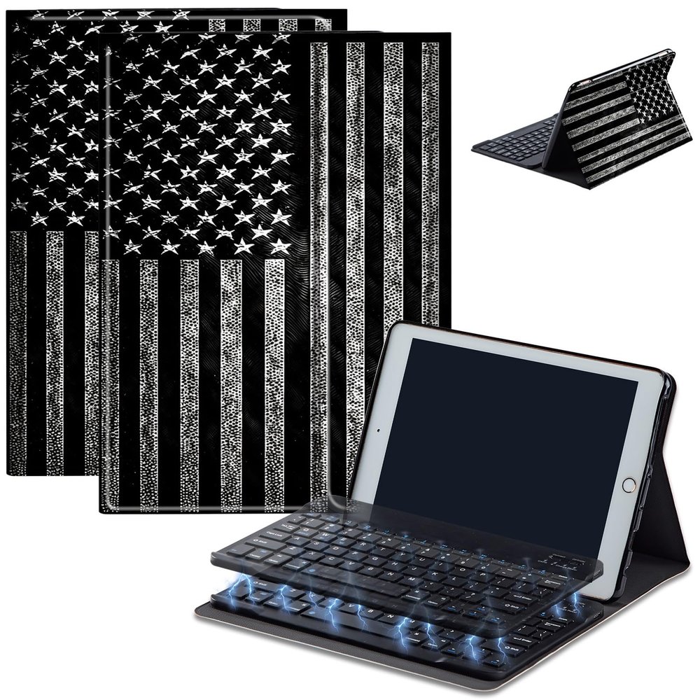 AIRWEE Keyboard Case for iPad Air 11 inch (M3/M2, 2025/2024) & for iPad Air 5th/4th Gen 10.9" with Detachable Bluetooth, Durable PU Leather MultiAngle Stand Protective Case, Black Flag