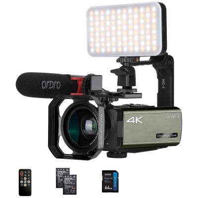 ORDRO 4K Video Camera AX65 Optical Camcorder-3.5'' IPS Touch Screen 12X Optical Zoom Vlogging Camera for LiveStreaming with WiFi, Microphone, LED Light, 64G Card, 2 Batteries
