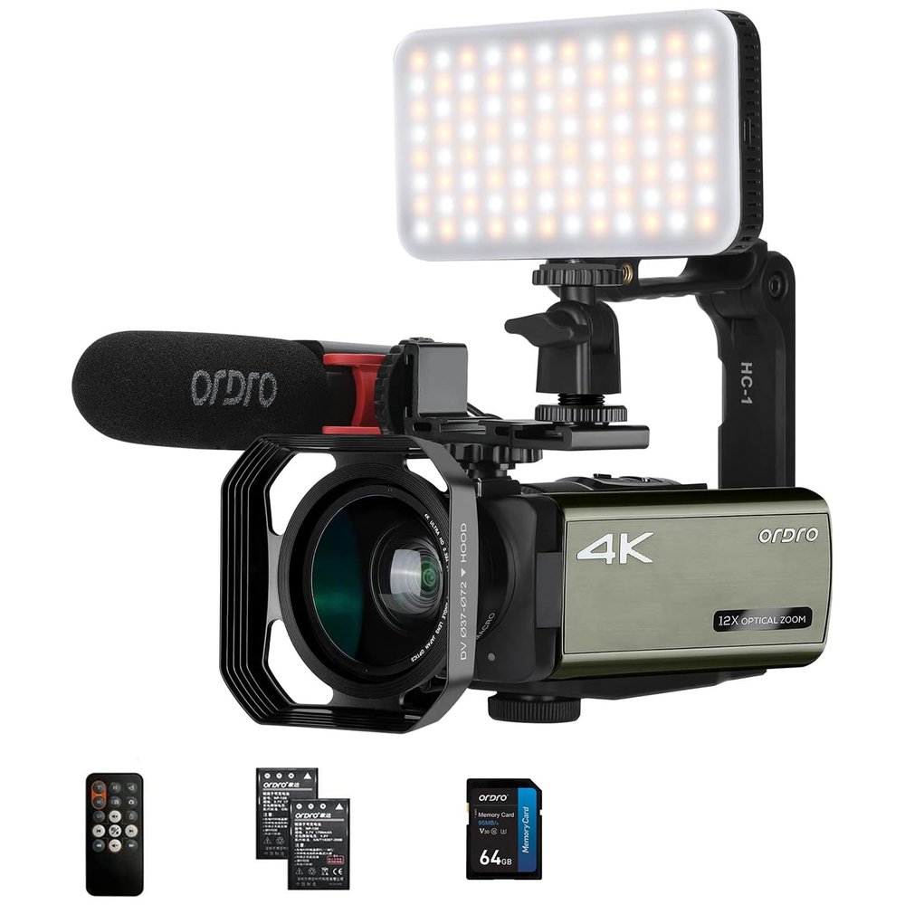 ORDRO 4K Video Camera AX65 Optical Camcorder-3.5'' IPS Touch Screen 12X Optical Zoom Vlogging Camera for LiveStreaming with WiFi, Microphone, LED Light, 64G Card, 2 Batteries