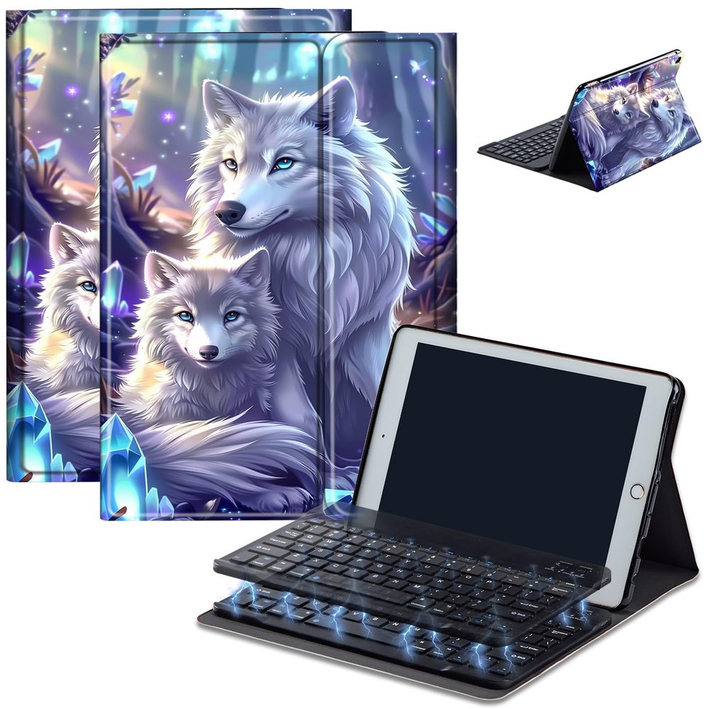 AIRWEE Keyboard Case for iPad Air 11 inch (M3/M2, 2025/2024) & for iPad Air 5th/4th Gen 10.9" with Detachable Bluetooth, Durable PU Leather MultiAngle Stand Protective Case, White Wolf