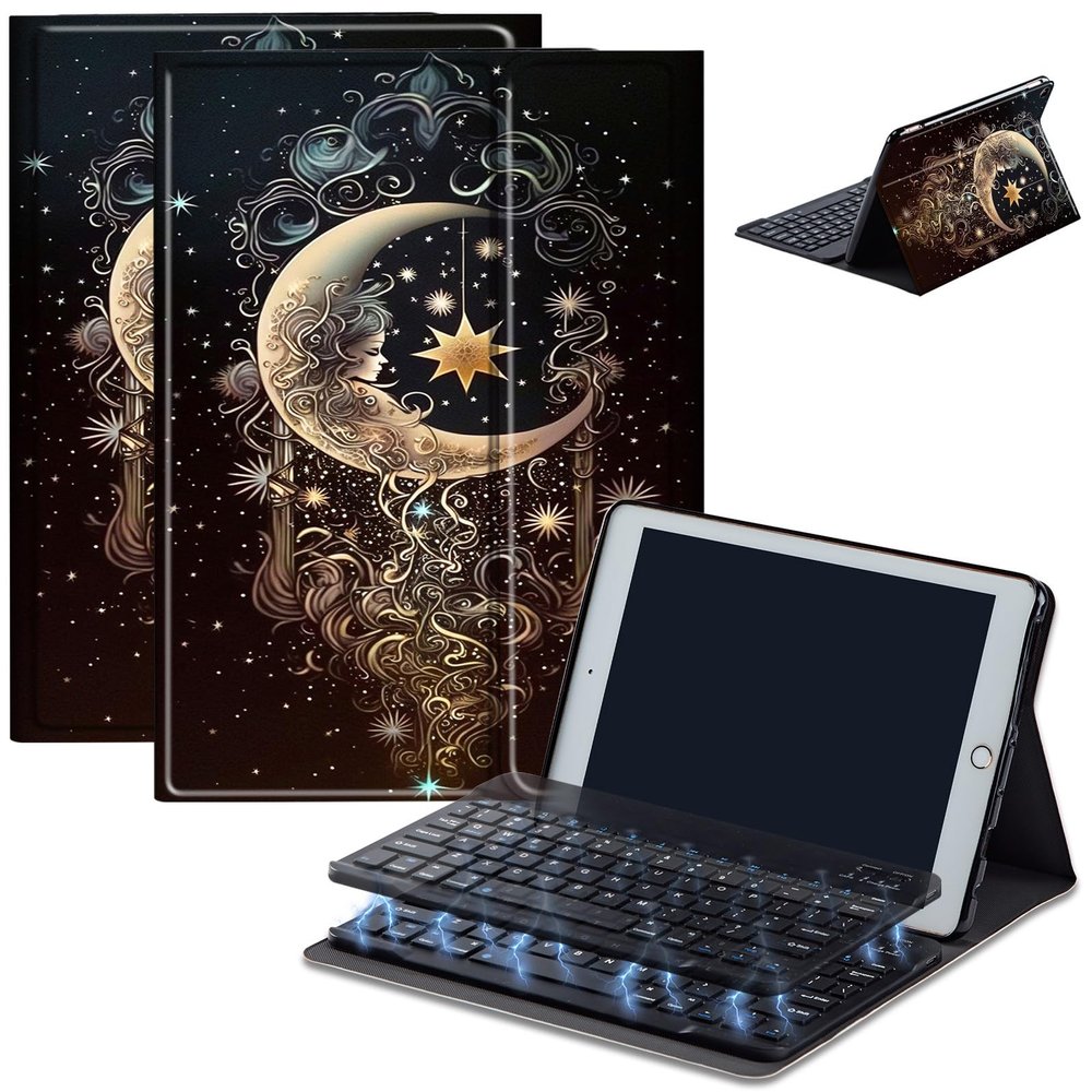 AIRWEE Keyboard Case for iPad Air 11 inch (M3/M2, 2025/2024) & for iPad Air 5th/4th Gen 10.9" with Detachable Bluetooth, Durable PU Leather MultiAngle Stand Protective Case, Beautiful Girl Moon