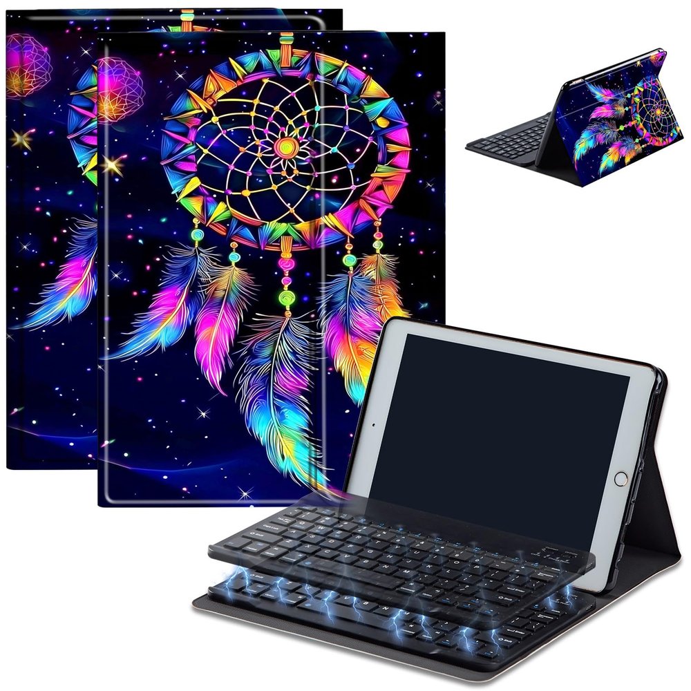 Bluetooth Keyboard Case for iPad 10.2 (7th/8th/9th Gen, 2019/2020/2021), Detachable Wireless Keyboard Cover with MultiAngle Stand, PU Leather Protective Case for iPad 10.2", Colorful Dream Catcher