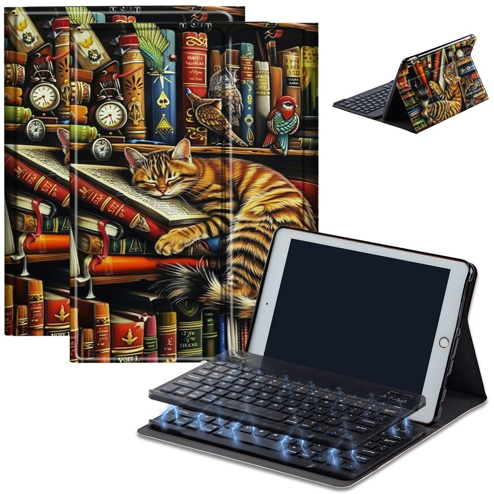 Bluetooth Keyboard Case for Fire Max 11 (13th Gen, 2023 Release), Detachable Wireless Keyboard Cover with Stand, PU Leather Protective Case for Fire Max 11 Tablet 11 Inch, Bookshelf Cat