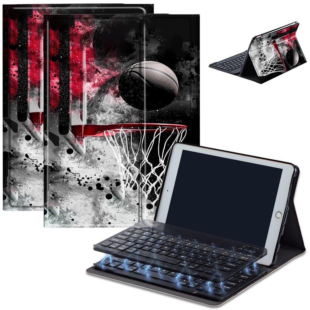 Bluetooth Keyboard Case for Fire HD 8/8 Plus (10th/12th Gen, 2020/2022), Detachable Wireless Keyboard Cover with Stand, PU Leather Protective Case for Fire HD 8 Tablet 8 Inch, Basketball