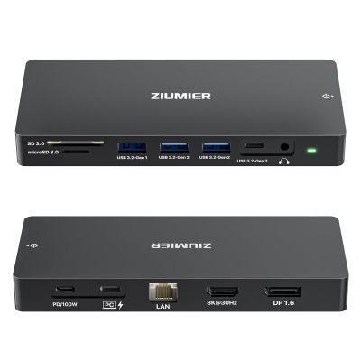 ZIUMIER USB C Docking Station Dual Monitor, 12 in 1 Laptop Docking Station - Single 8K or Dual 4K Displays, 1 HDMI, 1 DP, 100W PD, 3x10Gbps USB-A/C Data, 5Gbps USB-A Data, Ethernet, Audio, SD/Micro SD