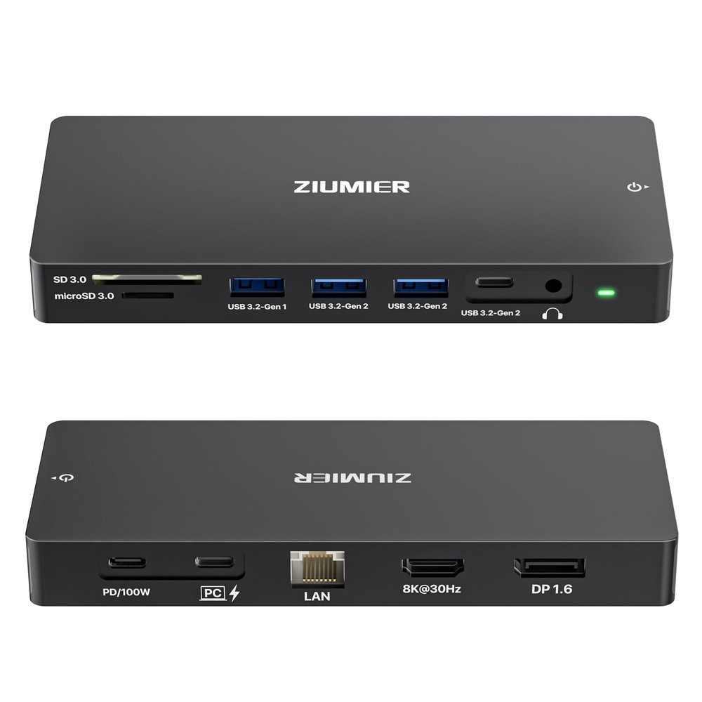 ZIUMIER USB C Docking Station Dual Monitor, 12 in 1 Laptop Docking Station - Single 8K or Dual 4K Displays, 1 HDMI, 1 DP, 100W PD, 3x10Gbps USB-A/C Data, 5Gbps USB-A Data, Ethernet, Audio, SD/Micro SD