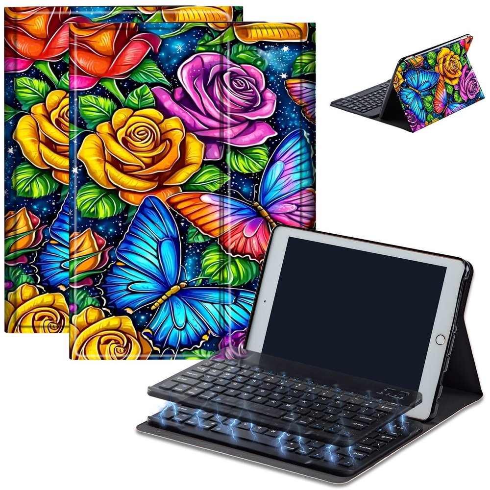 AIRWEE Keyboard Case for iPad Air 11 inch (M3/M2, 2025/2024) & for iPad Air 5th/4th Gen 10.9" with Detachable Bluetooth, Durable PU Leather MultiAngle Stand Protective Case, Colorful Butterfly Rose