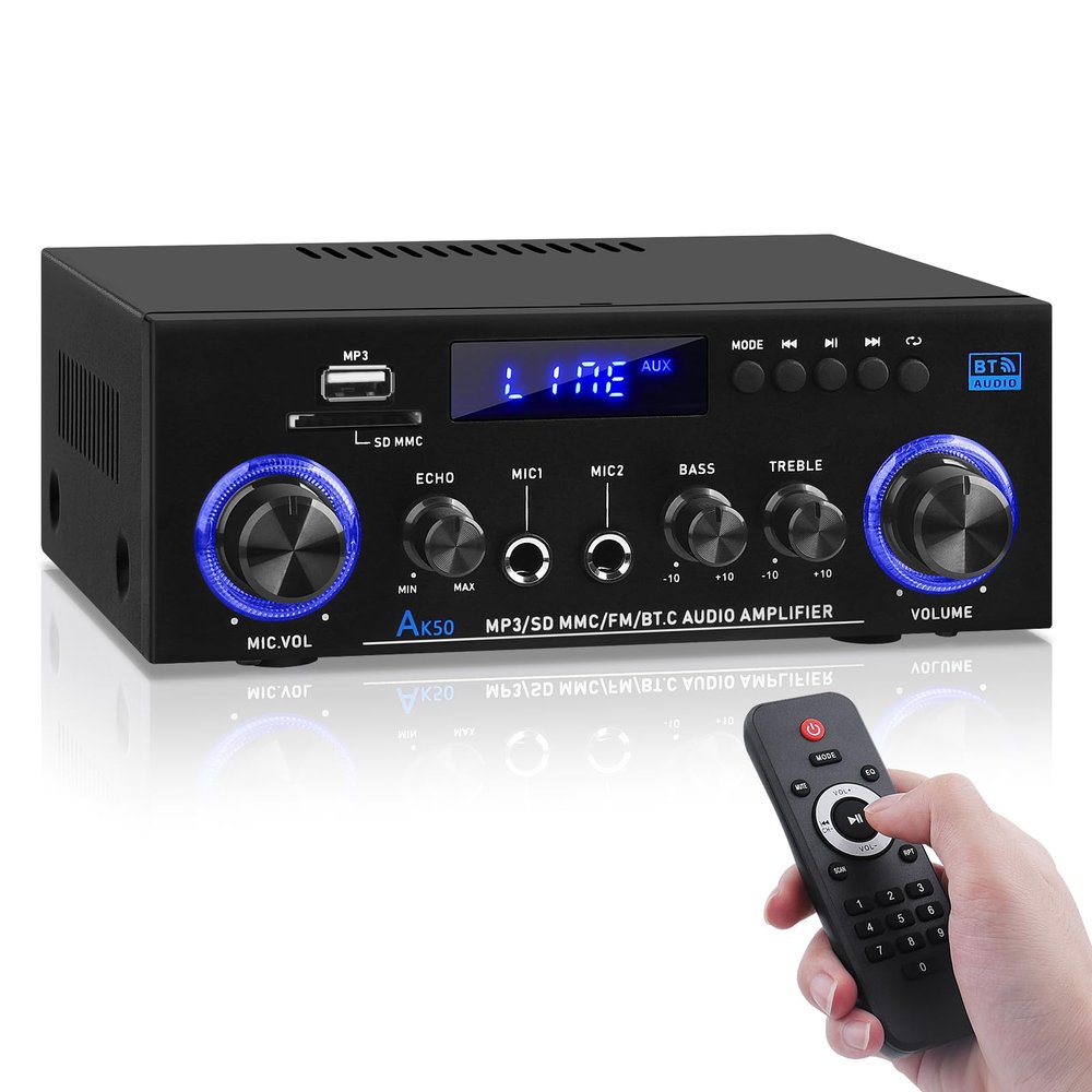 AK50 Amplifier Home Audio, 400W Home 2 Channel Bluetooth 5.0 Power Receivers Amp Subwoofer Output,Mini Speaker FM Radio,USB/SD Card/Aux/Mic in with Echo,Remote Control for Home Theater Stereo System