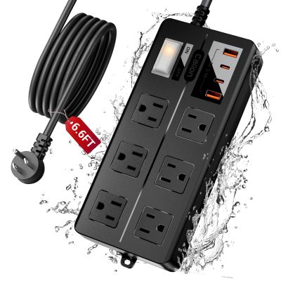 6FT Outdoor Waterproof Power Strip Surge Protector with 6AC Outlets 4USB Ports Power Switch Safety Lock, ETL Certified for Patio Garden Charging