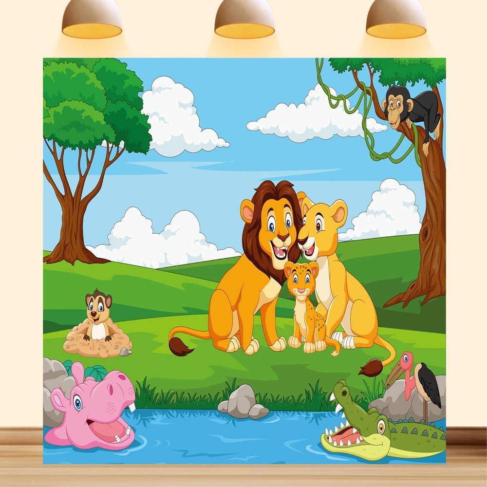 10X7ft Fabric Cartoon Lion Family Backdrop African Tropical Forest Jungle Safari Background Party Decorations for Baby Shower Home Decor Photo Booth Props Banner
