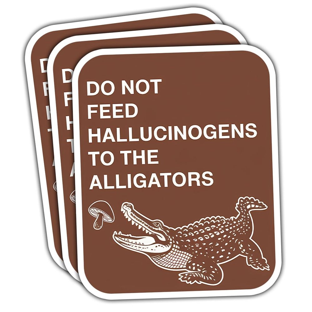 3 Pcs Funny Alligator Sticker, Do Not Feed Hallucinogens to The Alligators Sign, Trippy Gator Warning Vinyl Decal Brown Retro Park Sign Humor for Laptop, Water Bottle, Car  3 Inch (A1, 2 inch)