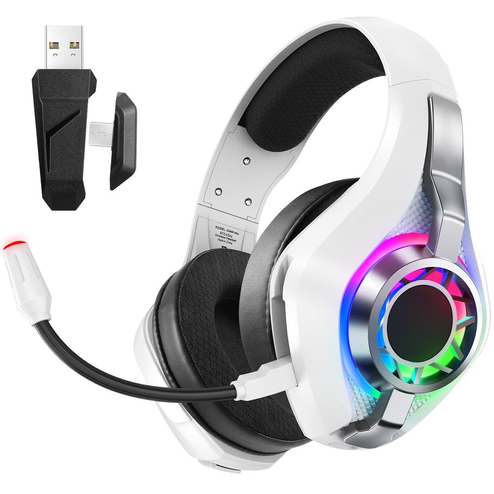 Docooler Wireless Gaming Headset with 2.4GHz, BT, Wired Modes, RGB Lighting Game Headphones with Noise Canceling Mic, 7.1 Surround Sound, for PC, Game Console, Mobile (White)