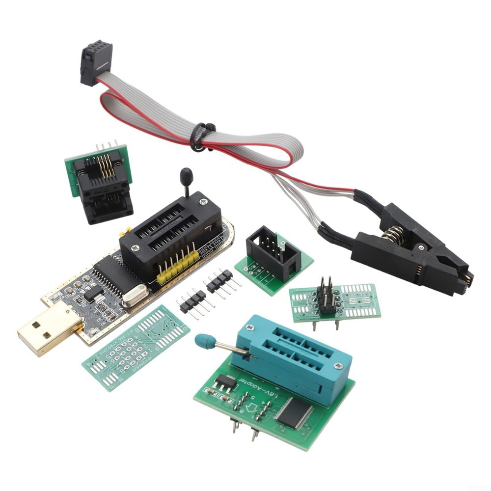 CH341A USB Programmer Kit with SOIC8 SOP8 Test Clip EEPROM BIOS Flash Programmer for 24CXX 25CXX 93CXX Series Chips with 1.8V Adapter and SOP16 Adapter for Computer Motherboard Programming