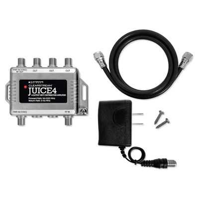 Antennas Direct ClearStream JUICE4 Distribution Amplifier, Output to 4 Televisions, CATV Systems, 4K 8K Ready  w/Power Supply, Coaxial Cable (Silver)