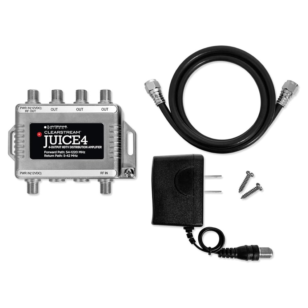 Antennas Direct ClearStream JUICE4 Distribution Amplifier, Output to 4 Televisions, CATV Systems, 4K 8K Ready  w/Power Supply, Coaxial Cable (Silver)