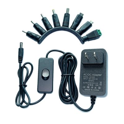 12V 1A DC Power Supply AC Adapter with 8 Changeable Plug & 6.5ft On/Off Switch Power Cord AC 100-240V to DC 12Volt 1Amp 1000mA 800mA 600mA 500mA 400mA Power Converter 12V 12W Power Substitute