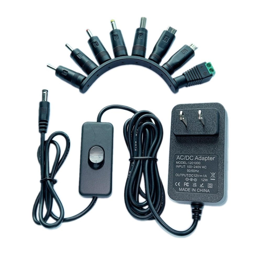 12V 1A DC Power Supply AC Adapter with 8 Changeable Plug & 6.5ft On/Off Switch Power Cord AC 100-240V to DC 12Volt 1Amp 1000mA 800mA 600mA 500mA 400mA Power Converter 12V 12W Power Substitute