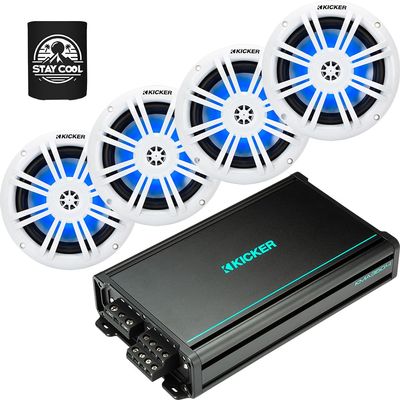 KICKER Amp and Speakers Package of 3 Items 360W 4-Channel Marine Amplifier with 6-1/2" 2-Way LED Speakers White (2 Pairs) 48KMA360.4+51KM604WL(2)