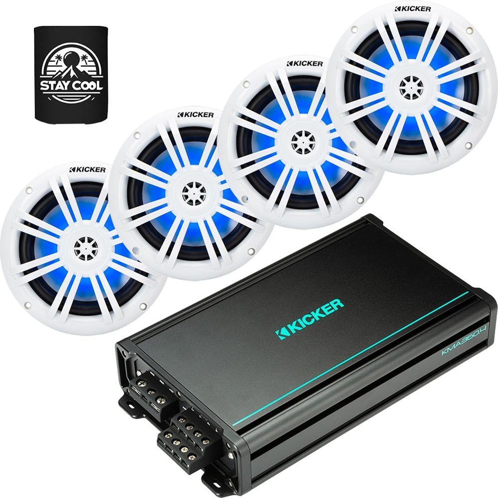 KICKER Amp and Speakers Package of 3 Items 360W 4-Channel Marine Amplifier with 6-1/2" 2-Way LED Speakers White (2 Pairs) 48KMA360.4+51KM604WL(2)