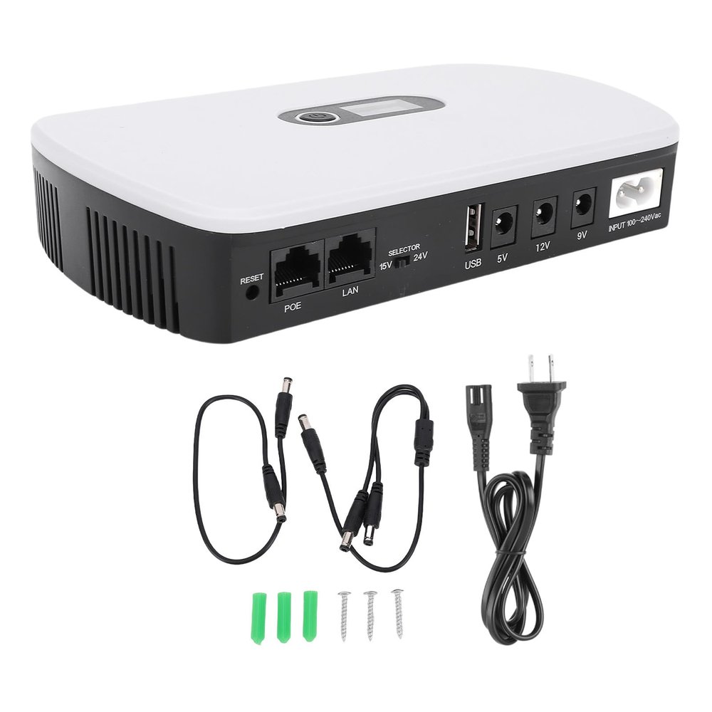 Eujgoov 10400mAh High Capacity MINI UPS DC Backup Power Supply Adaptive Device Current Output Camera Router Optical Cat Built in Adapter POE15V 24V Port 5V 9V 12V USB (US Plug)