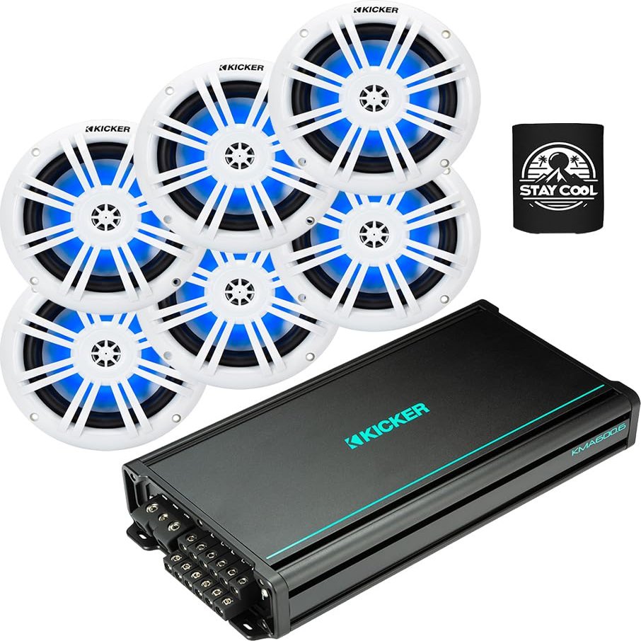KICKER Amp and Speakers Package of 4 Items 600W 6-Channel Marine Amplifier with 6-1/2" 2-Way LED Speakers White (3 Pairs) 48KMA600.6+51KM604WL(3)