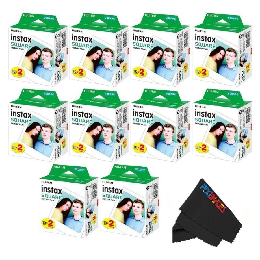 Fujifilm Instax Square Instant Film with USB and PixiBytes Microfiber Cleaning Cloth... (10 x Twin Packs)