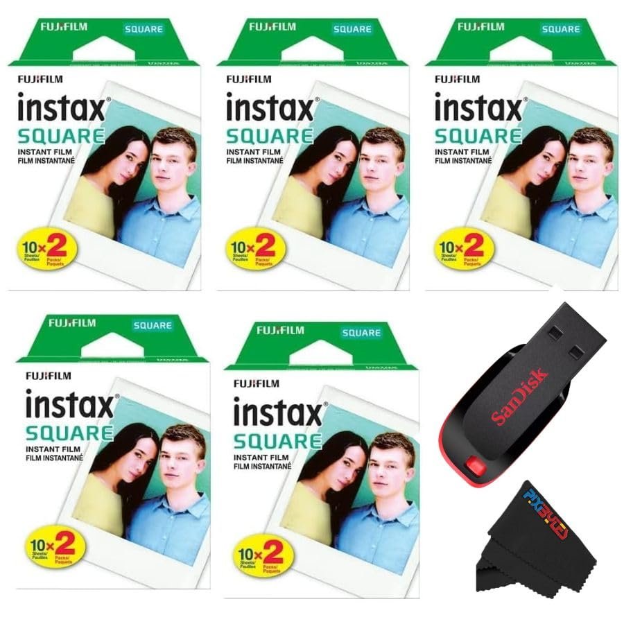 Fujifilm Instax Square Instant Film with USB and PixiBytes Microfiber Cleaning Cloth... (USB + 5 Twin Packs)