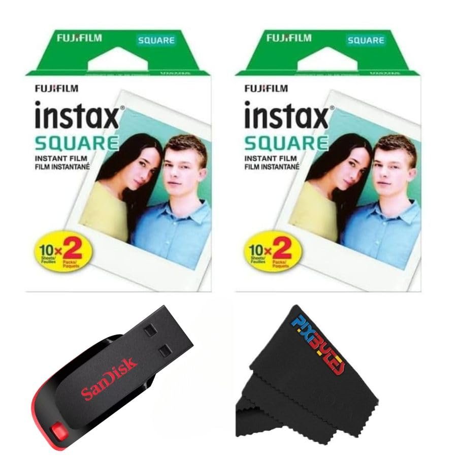 Fujifilm Instax Square Instant Film with USB and PixiBytes Microfiber Cleaning Cloth... (USB + 2 Twin Packs)