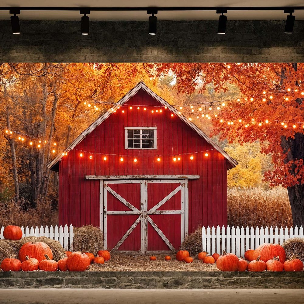 15X10FT Fall Photography Backdrop Red Farm Background Autumn Maple Leaves Pumpkin Friendsgiving Background Thanksgiving Party Supplies Farm Harvest Banner Photo Booth