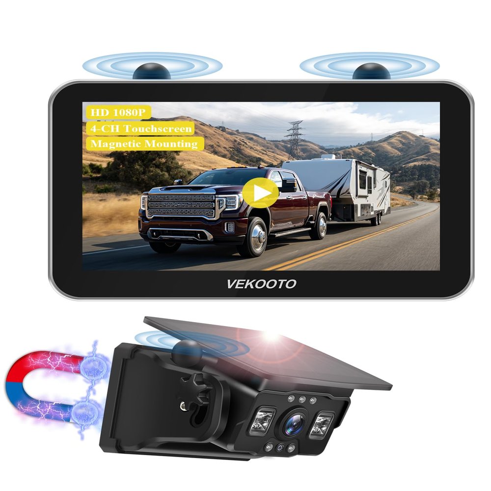 VEKOOTO VK7Pro Magnetic Solar Wireless Backup Camera, 7'' IPS Touchscreen Monitor HD1080P No Wiring 15,800mAh Rechargeable Camera System for Hitching Gooseneck Horse Trailer RV Camper Car Truck