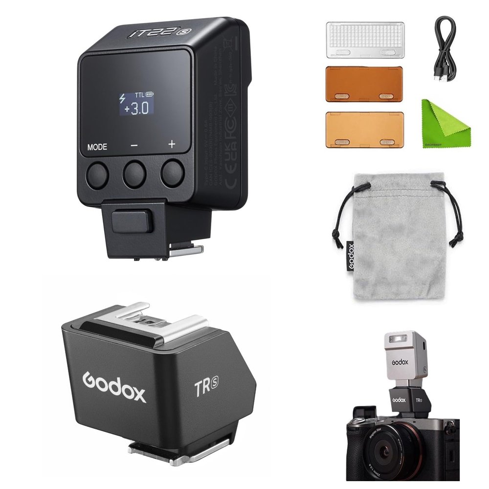 Godox iT22 S TTL Flash & TR TTL Hot Shoe Riser Kit, 30mm Height Adjustable 0-90, Bounce/Direct Flash, 700 Flashes with 1.5s Recycle, Magnetic Modifiers Included, 52g for Sony a7II/a99/a77/a350 Black