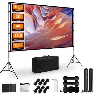 120 inch Portable Projector Screen with Stand-Indoor Outdoor Foldable Movie Screen for Home Theater & Backyard Cinema - 16:9 4K/HD Wrinkle-Free Front&Rear Projection Screen with Carry Bag (Easy Setup)