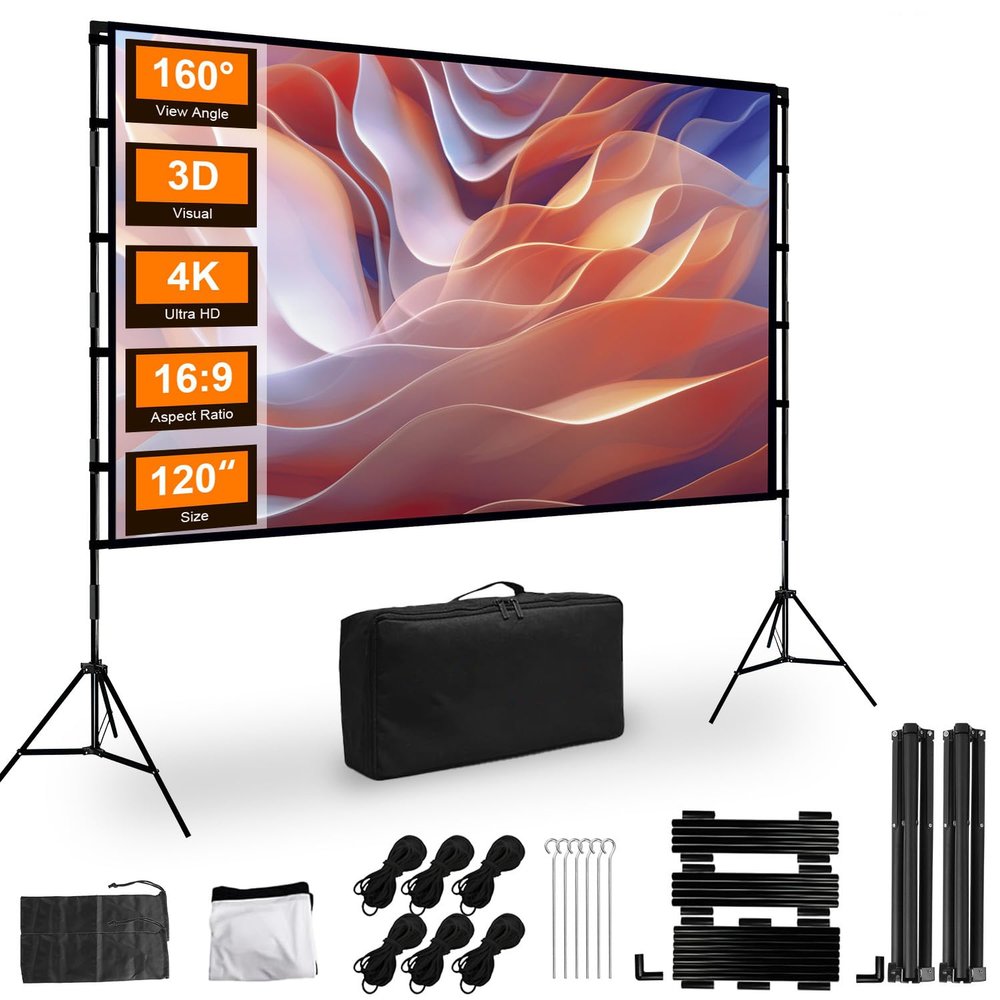 120 inch Portable Projector Screen with Stand-Indoor Outdoor Foldable Movie Screen for Home Theater & Backyard Cinema - 16:9 4K/HD Wrinkle-Free Front&Rear Projection Screen with Carry Bag (Easy Setup)
