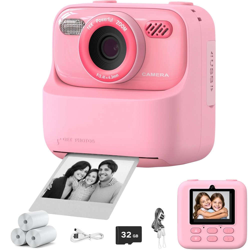 BEBERISI Kids Camera Instant Print Photo,HD Digital Camera Toy for Boys & Girls Ages 3 4 5 6 7 8 9 10 11 12 Year Old Christmas & Birthday PresentPink
