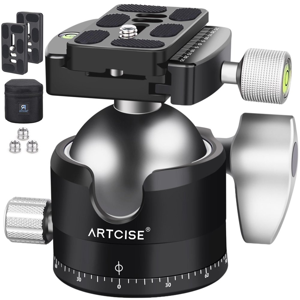 ARTCISE Low Profile Tripod Ball Head 56mm Ball CNC Aluminum Alloy Arca-Swiss Panorama Heavy Duty Tripod Head for DSLR Video Camera Monopods Tripod Camcorder Slider Max Loading 88lbs/40kg