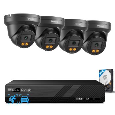 PANOOB Security Camera System PoE, 4X 4MP Wired Bullet IP Cameras Outdoor Built-in Microphone, AI Human Vehicle Detection, 5MP 8CH NVR with 2TB HDD, Smart Color Night Vision, PD93BA30408-4MD(Black)