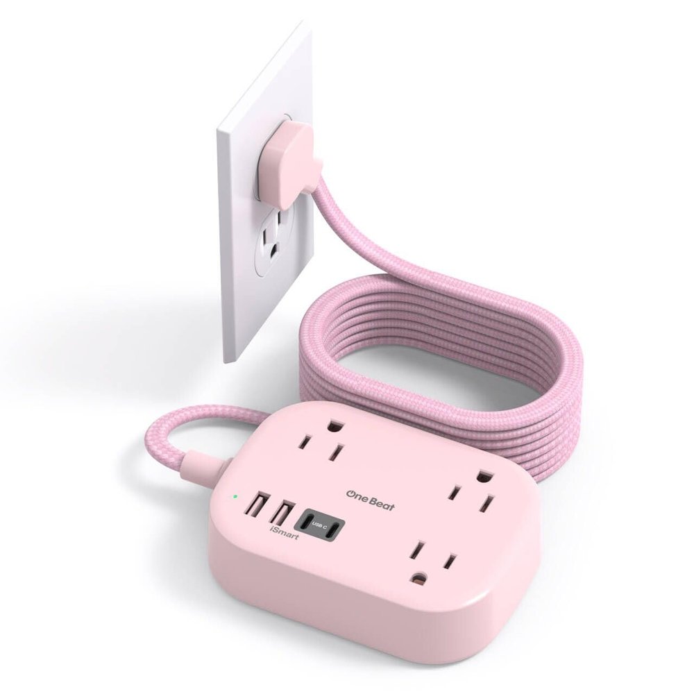 Cruise Ship Essentials,Travel Power Strip with USB C,Flat Plug Extension Cord 10 FT with 3 Outlets 4 USB Ports(2 USB C),Desk Wall Outlet Extender,Non Surge Protector for Cruise,Dorm Room,ETL,Pink