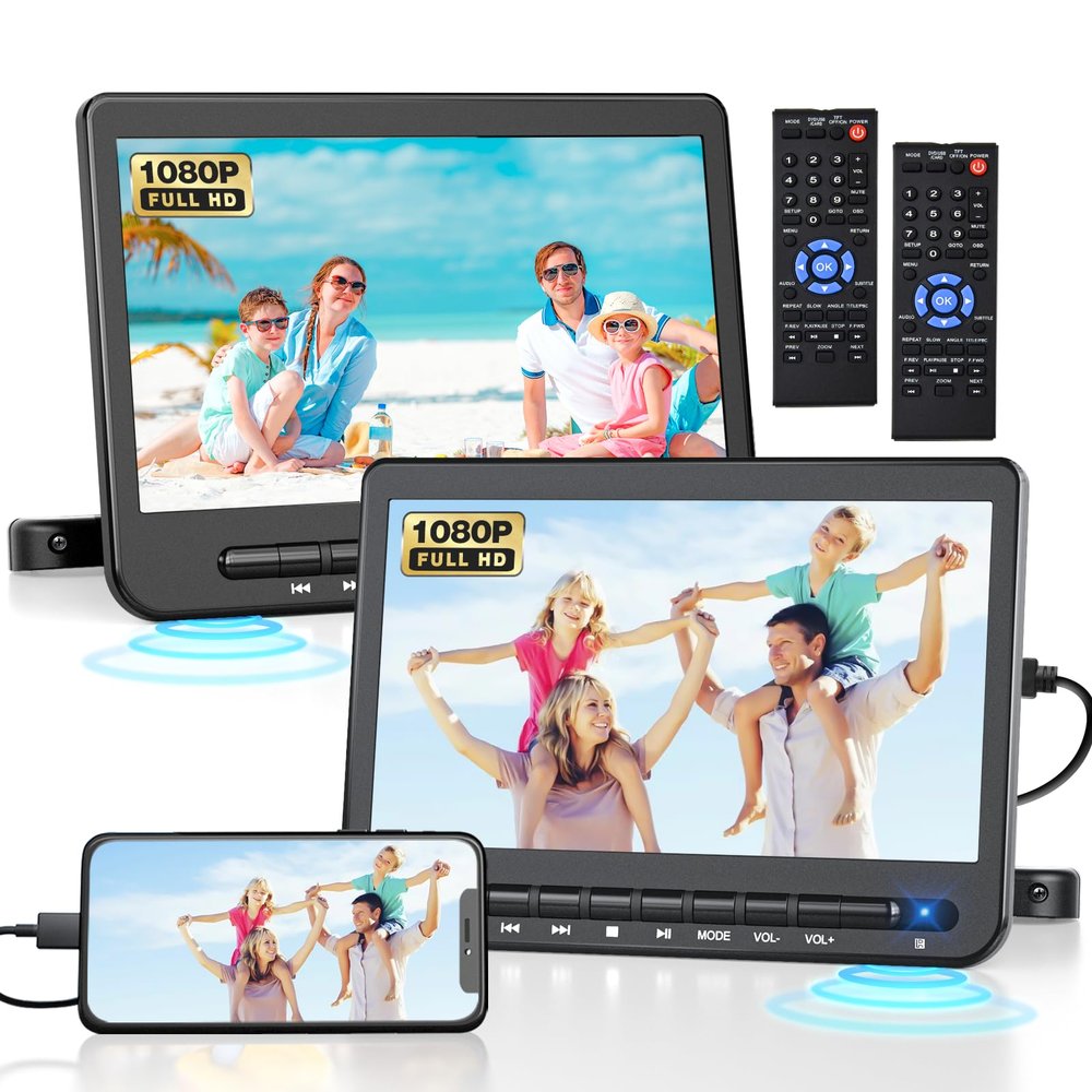 10.5" Dual Headrest DVD Player for Kids, DVD Player for Car with HDMI Input, Car DVD Player Dual Screen AV Out, Portable DVD Player Support USB/CD/DVD, Mounting Brackets and Straps