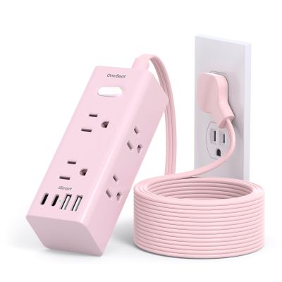 10Ft Extension Cord with Multiple Outlets, Flat Plug Power Strip Surge Protector with 10 Ft Long Cord, 6 Outlet 3 USB Ports (1 USB C), Multi Outlet Wall Plug for Travel, Dorm Room Essentials-Pink