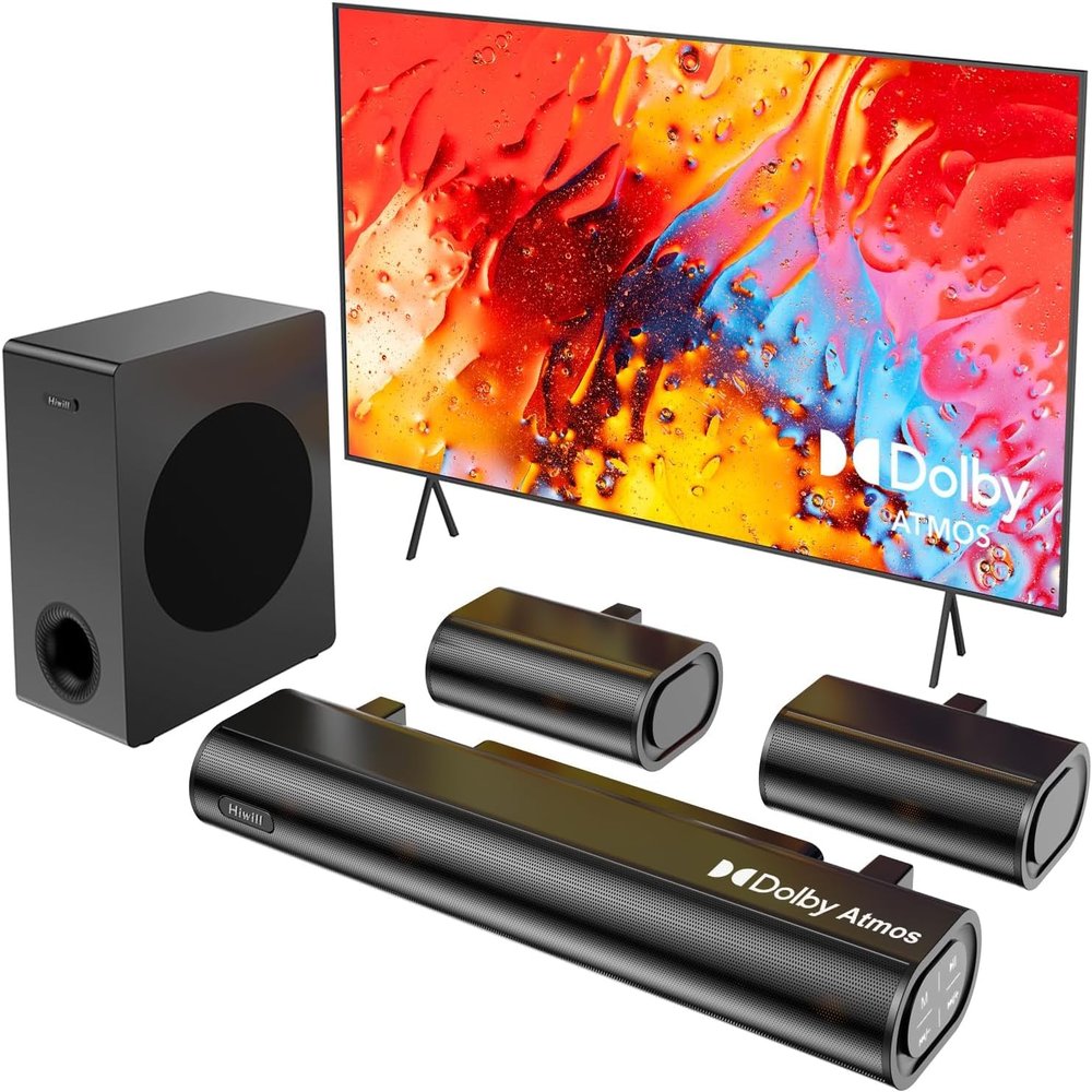 Hiwill Dolby Atmos Sound bar 5.1ch Sound bar for Smart TV with Soundbar, 3D Surround Sound System for TV Speakers, Wired subwoofer, BT 5.3, 4K HDR Pass-Through, HDMI in/eARC A51