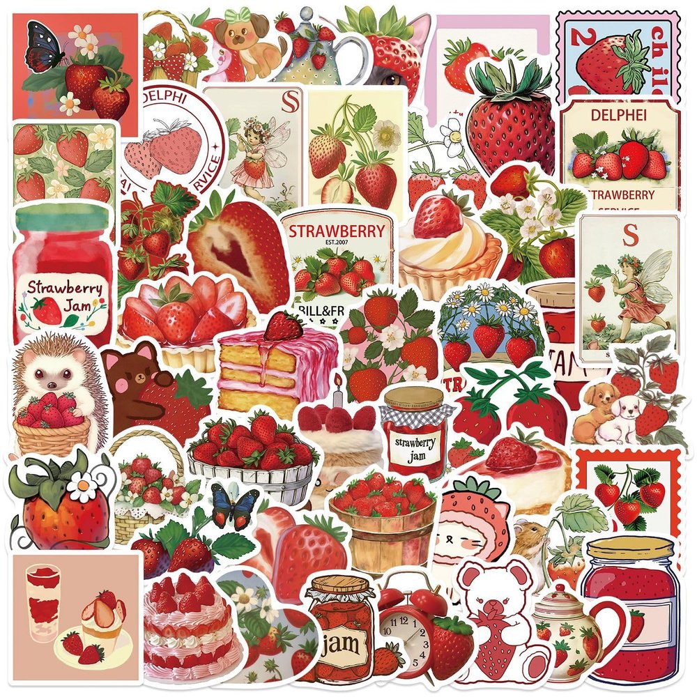 50 Pcs Cute Red Strawberry Stickers Boys Girls Kids Teens, Waterproof Stickers for Phone Laptop Flasks Water Bottle Luggage Scrapbook Cup Bike Car, Cute Decals Stickers Pack(Strawberry)