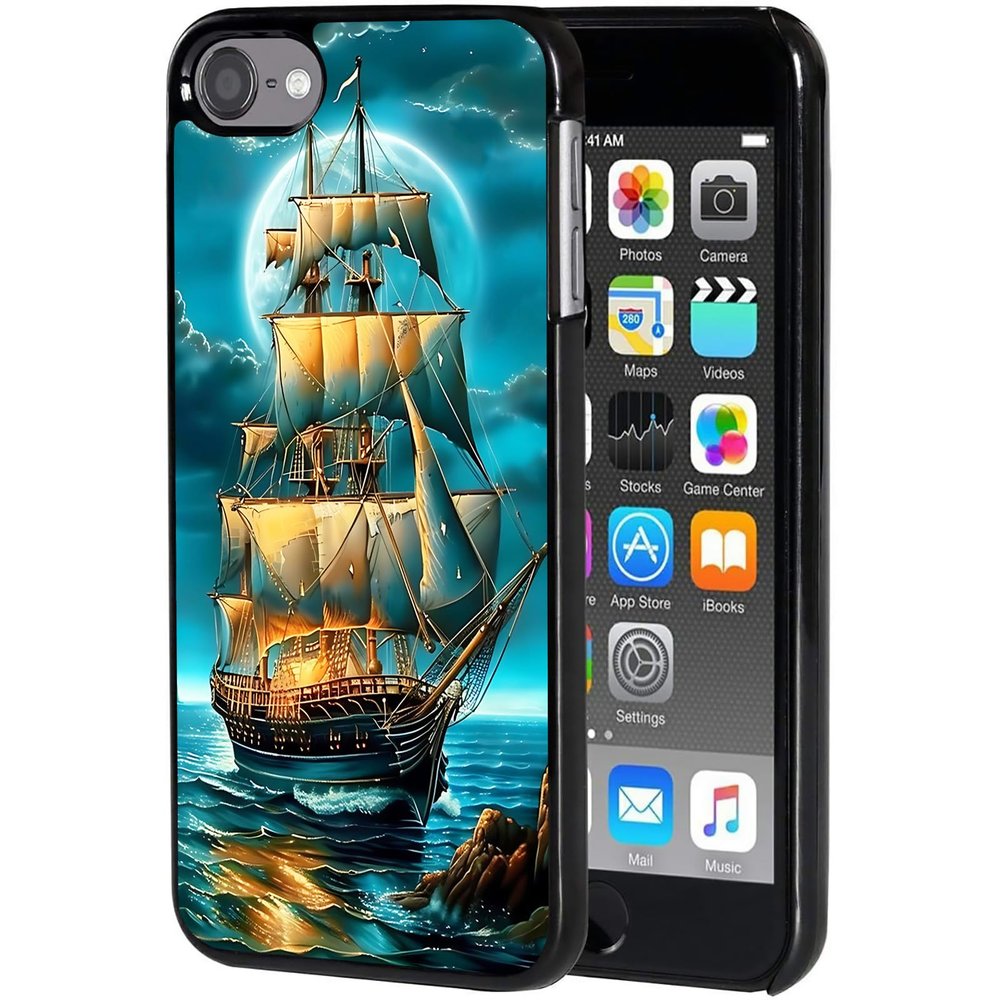 AIRWEE Case for iPod Touch 5th/6th/7th Generation, Slim Fit Shockproof & Lightweight Durable Cover for Apple iPod Touch, Drop Protection Hard PC Shell for Women Girls Men, Moon Pirate Ship