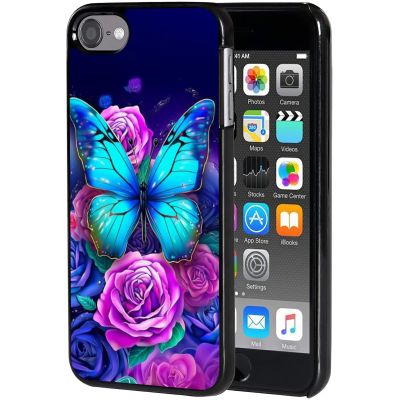 AIRWEE Case for iPod Touch 5th/6th/7th Generation, Slim Fit Shockproof & Lightweight Durable Cover for Apple iPod Touch, Drop Protection Hard PC Shell for Women Girls Men, Blue Butterfly Purple Rose