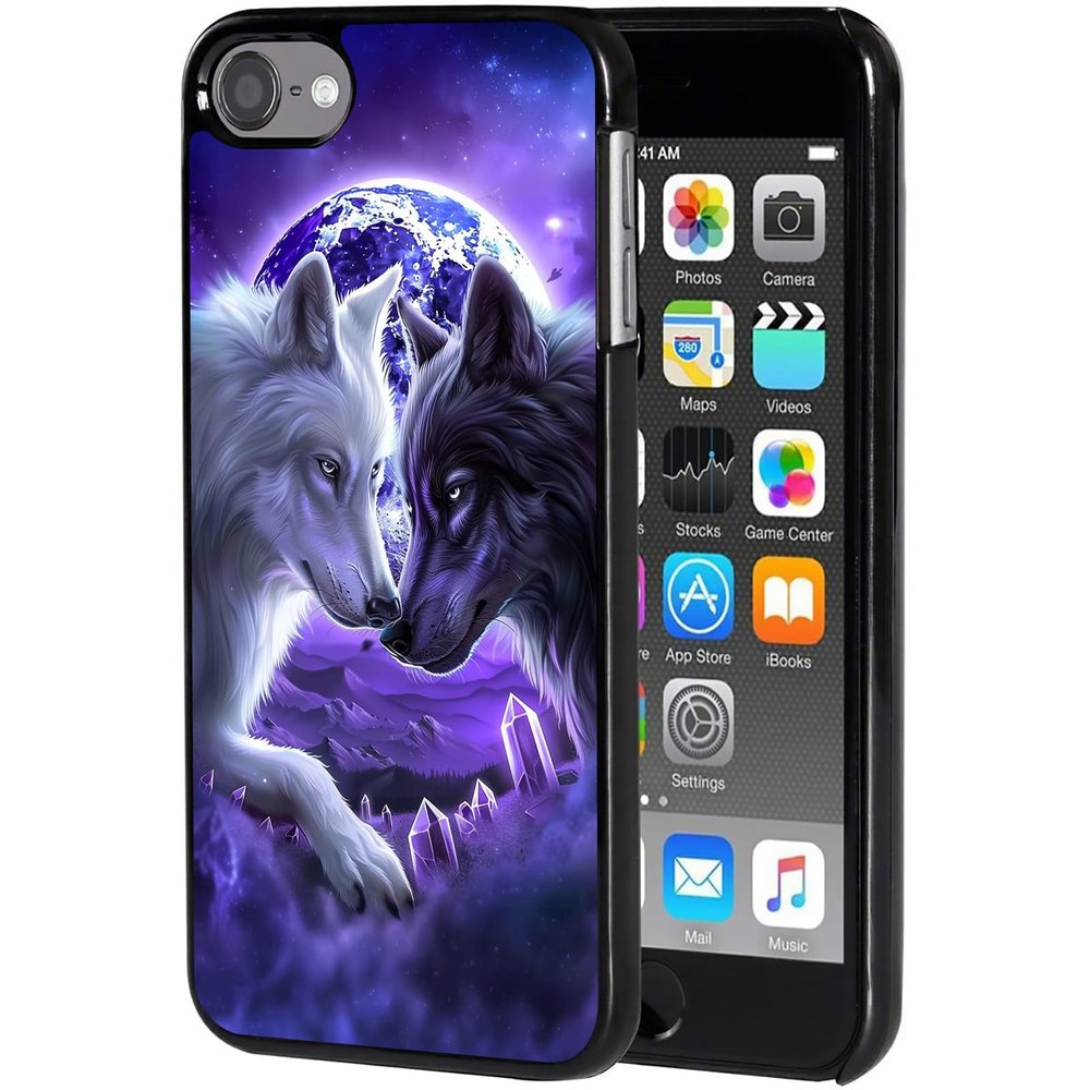 AIRWEE Case for iPod Touch 5th/6th/7th Generation, Slim Fit Shockproof & Lightweight Durable Cover for Apple iPod Touch, Drop Protection Hard PC Shell for Women Girls Men, Black and White Wolf