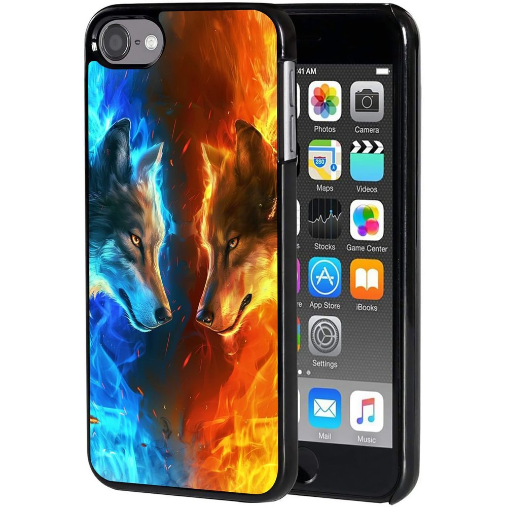AIRWEE Case for iPod Touch 5th/6th/7th Generation, Slim Fit Shockproof & Lightweight Durable Cover for Apple iPod Touch, Drop Protection Hard PC Shell for Women Girls Men, Red and Blue Wolf