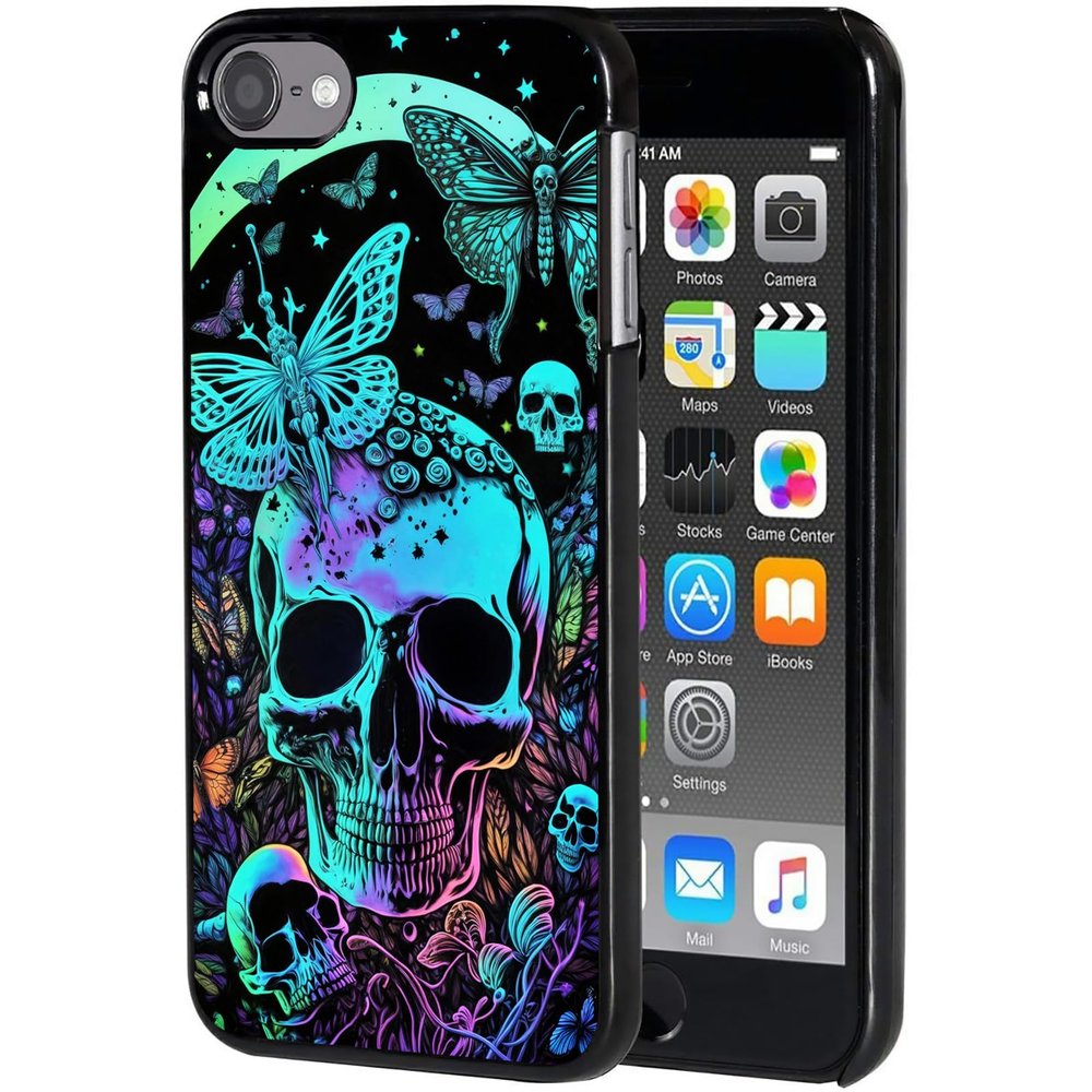 AIRWEE Case for iPod Touch 5th/6th/7th Generation, Slim Fit Shockproof & Lightweight Durable Cover for Apple iPod Touch, Drop Protection Hard PC Shell for Women Girls Men, Moon Butterfly Skull