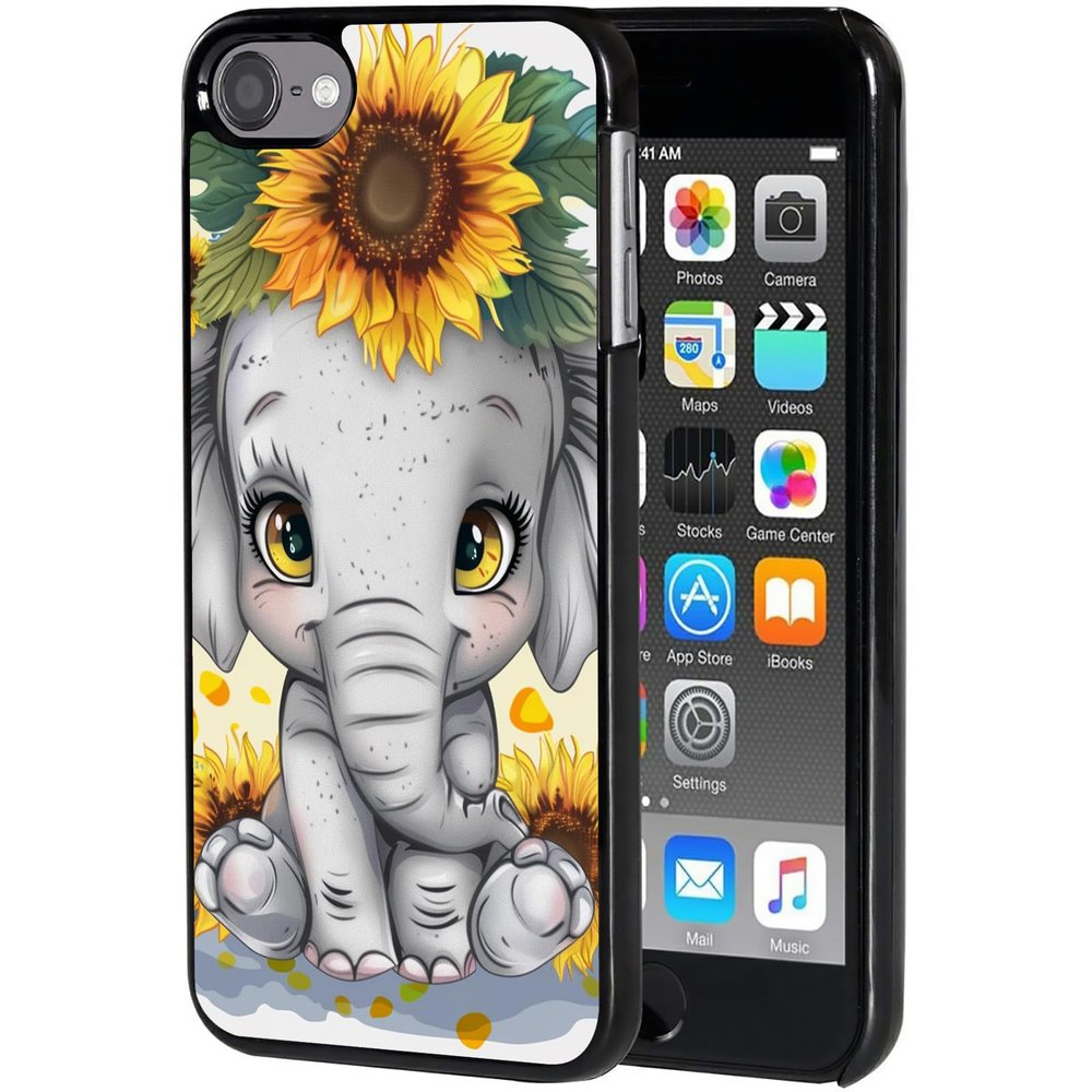 AIRWEE Case for iPod Touch 5th/6th/7th Generation, Slim Fit Shockproof & Lightweight Durable Cover for Apple iPod Touch, Drop Protection Hard PC Shell for Women Girls Men, Sunflower Elephant