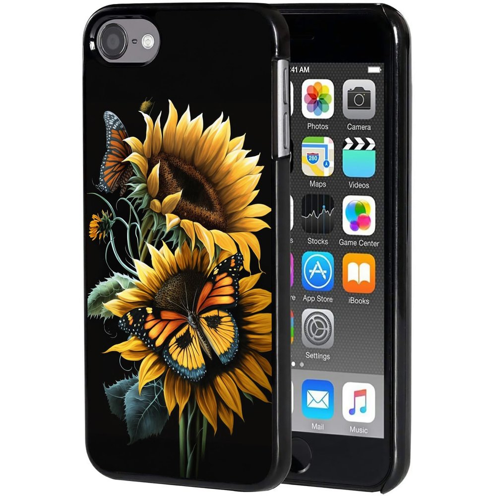 AIRWEE Case for iPod Touch 5th/6th/7th Generation, Slim Fit Shockproof & Lightweight Durable Cover for Apple iPod Touch, Drop Protection Hard PC Shell for Women Girls Men, Sunflower Butterfly
