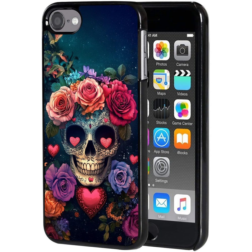AIRWEE Case for iPod Touch 5th/6th/7th Generation, Slim Fit Shockproof & Lightweight Durable Cover for Apple iPod Touch, Drop Protection Hard PC Shell for Women Girls Men, Rose Skull Love Heart